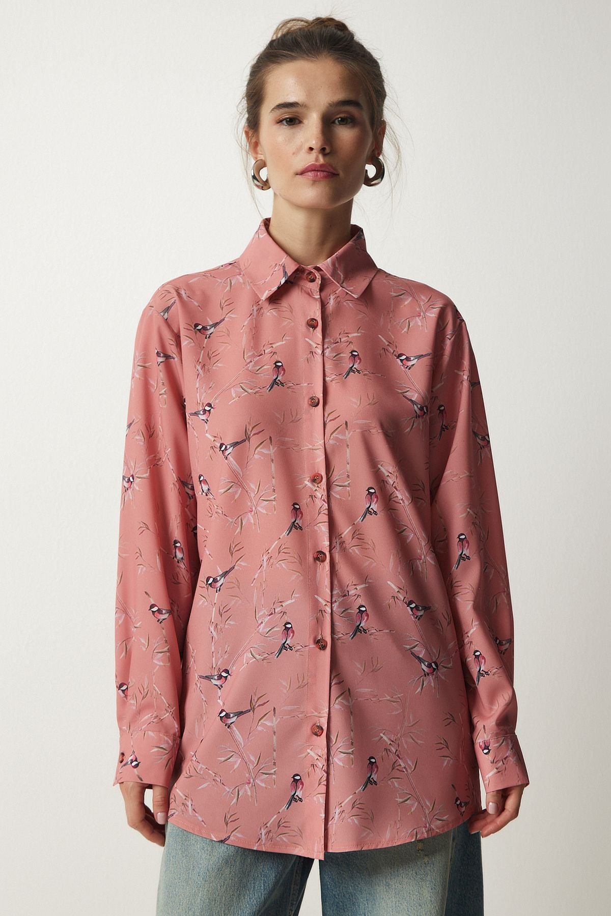 Woman Pink Patterned Oversize Satin Surface Shirt OH00049