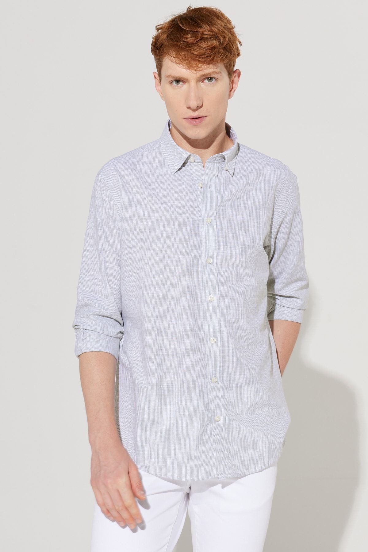 Men's Green Comfort Fit comfortable cut hidden buttoned collar 100 %cotton striped shirt