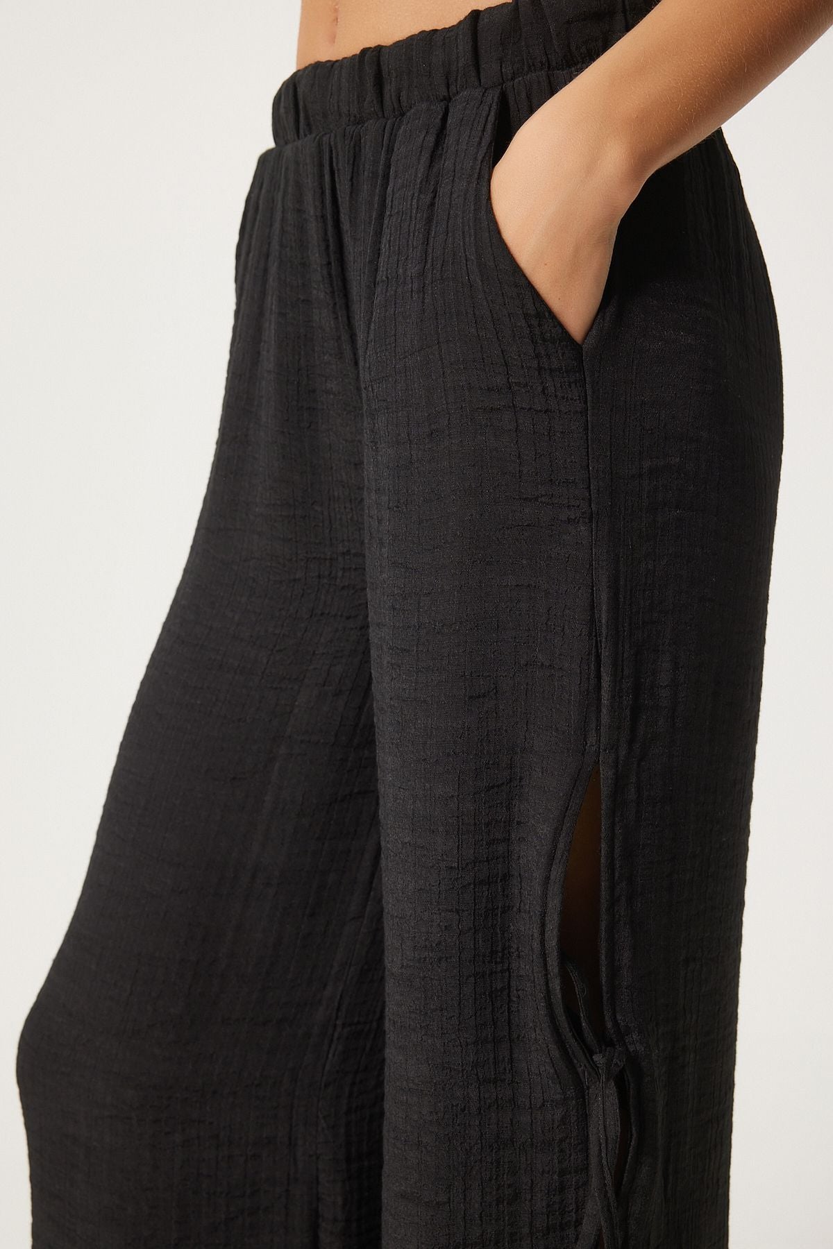 Female Black Bow Slit Flax Pants FN03298