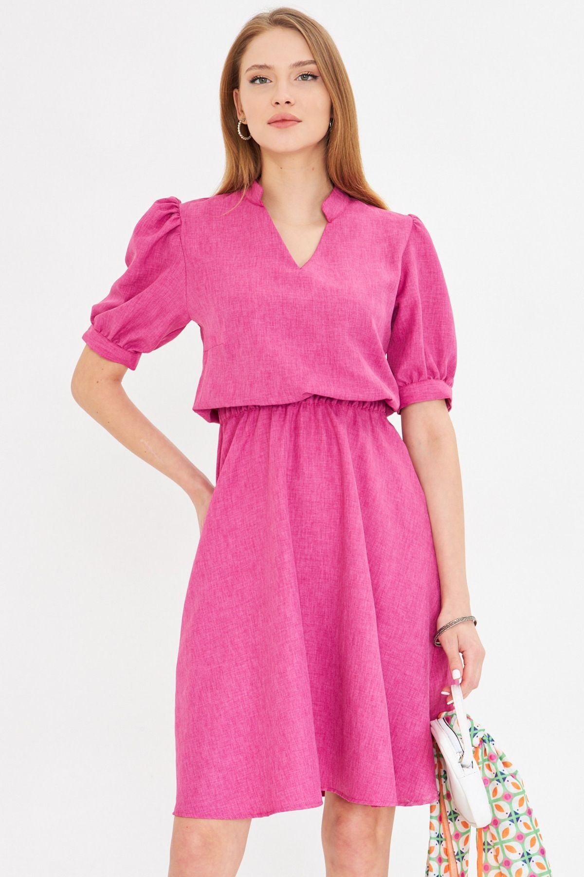 Women's Fuchsia V-Yaka Waist Waist Tire Short Sleeve Clash Dress ARM-25Y001001