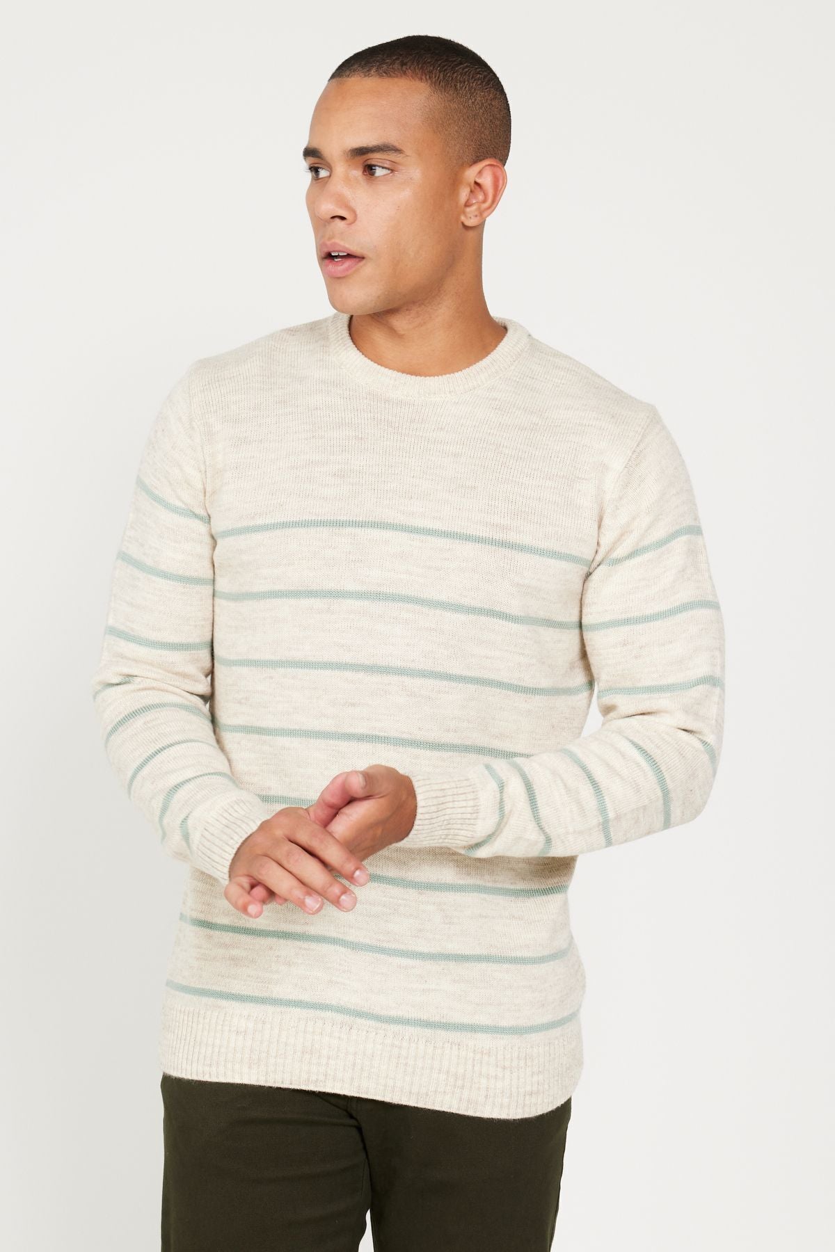 Men's Beige-Mint Standard Fit Normal Cut Cycling Cycling Yaka striped knitwear sweater