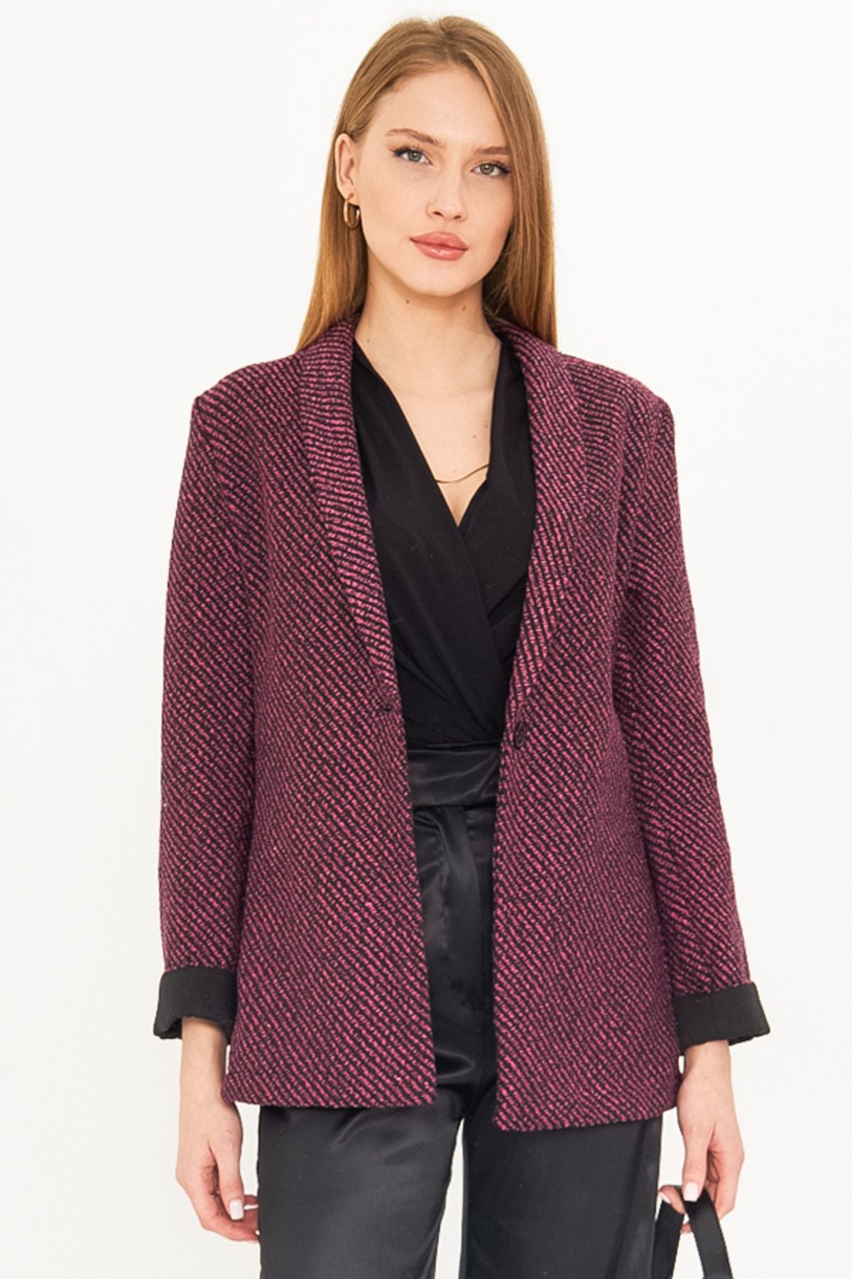 Women's Fuchsia striped arm folded single button stamp jacket ARM-25K001106