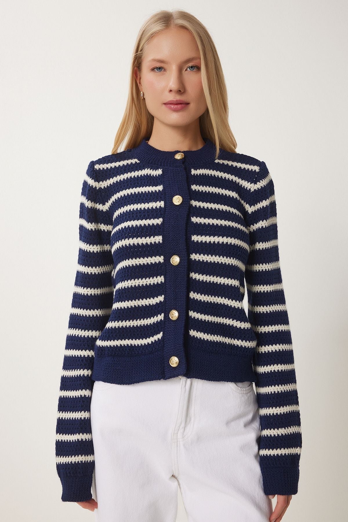 Woman Navy blue striped button thick orlon cardigan Hi00002