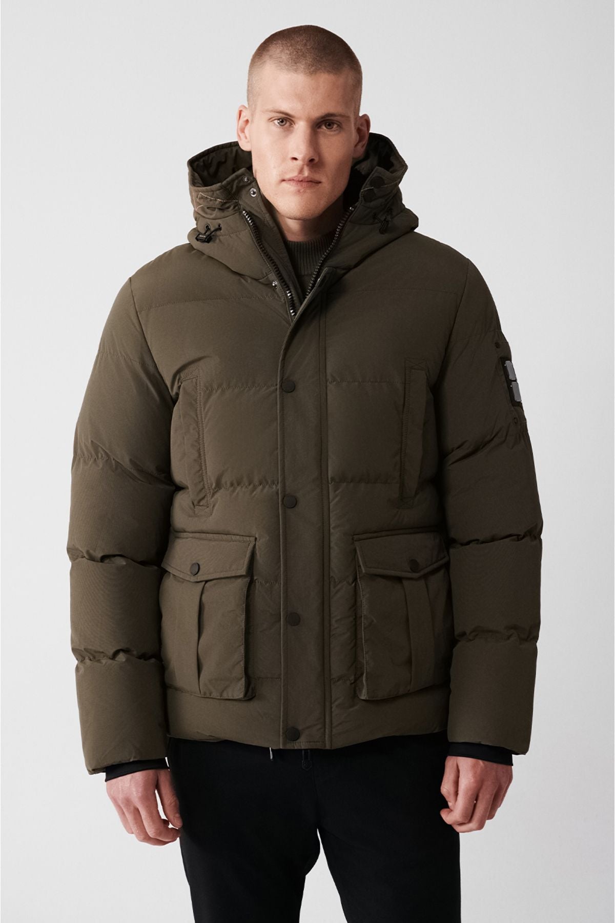 Men's Khaki Inflatable Coat Hooded Plush Detail Detail Water Driving Windproof Comfort Fit A32Y6046