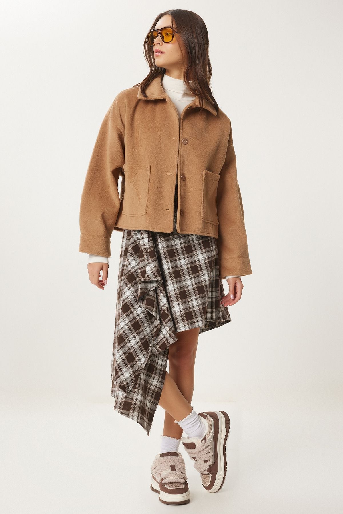 Female Camel Wide Pocket Soft Stamp Jacket FN03445