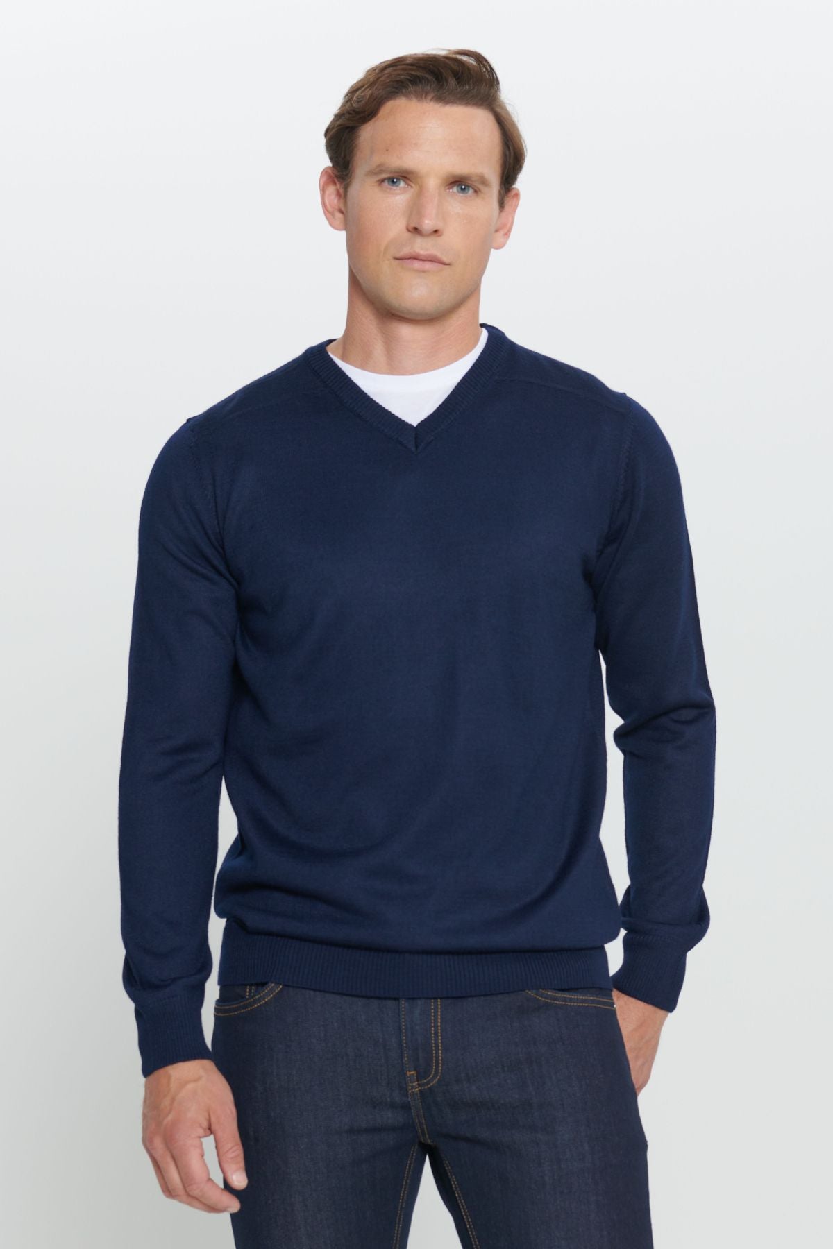 Men's Navy Blue Standard Fit Normal Cut V -Neck Knitwear Sweater