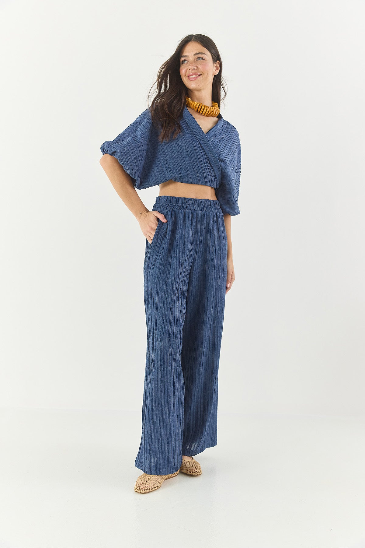 Women's Tie-Up Watermelon Sleeve Blouse with Elastic Waist Loose Trousers Bottom-Top Set 9340 60281051