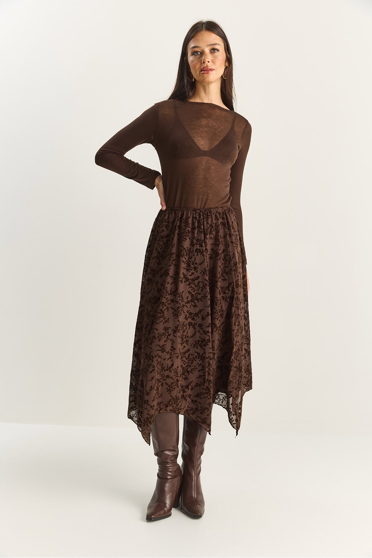 Women's Velvet Patterned Lined Asymmetrical Cut Midi Skirt with Elastic Waist DE251125 60283880