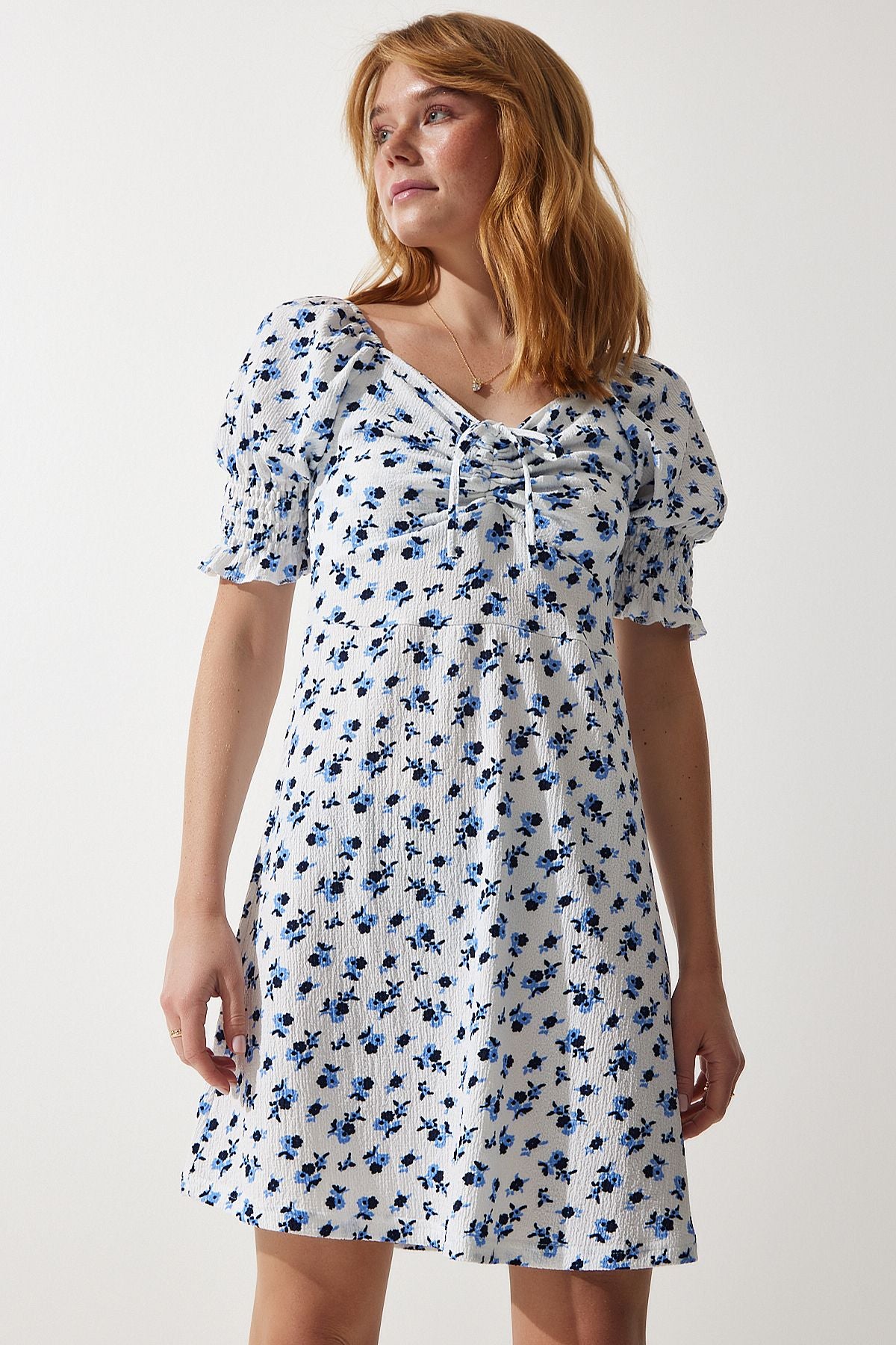 Woman White Shirred V -Neck Patterned Knitting Dress ZV00267