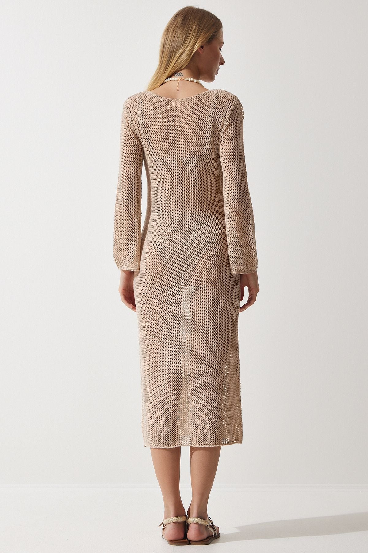Woman Dark Beige Agur Transparent Long Knitwear Dress PF00064