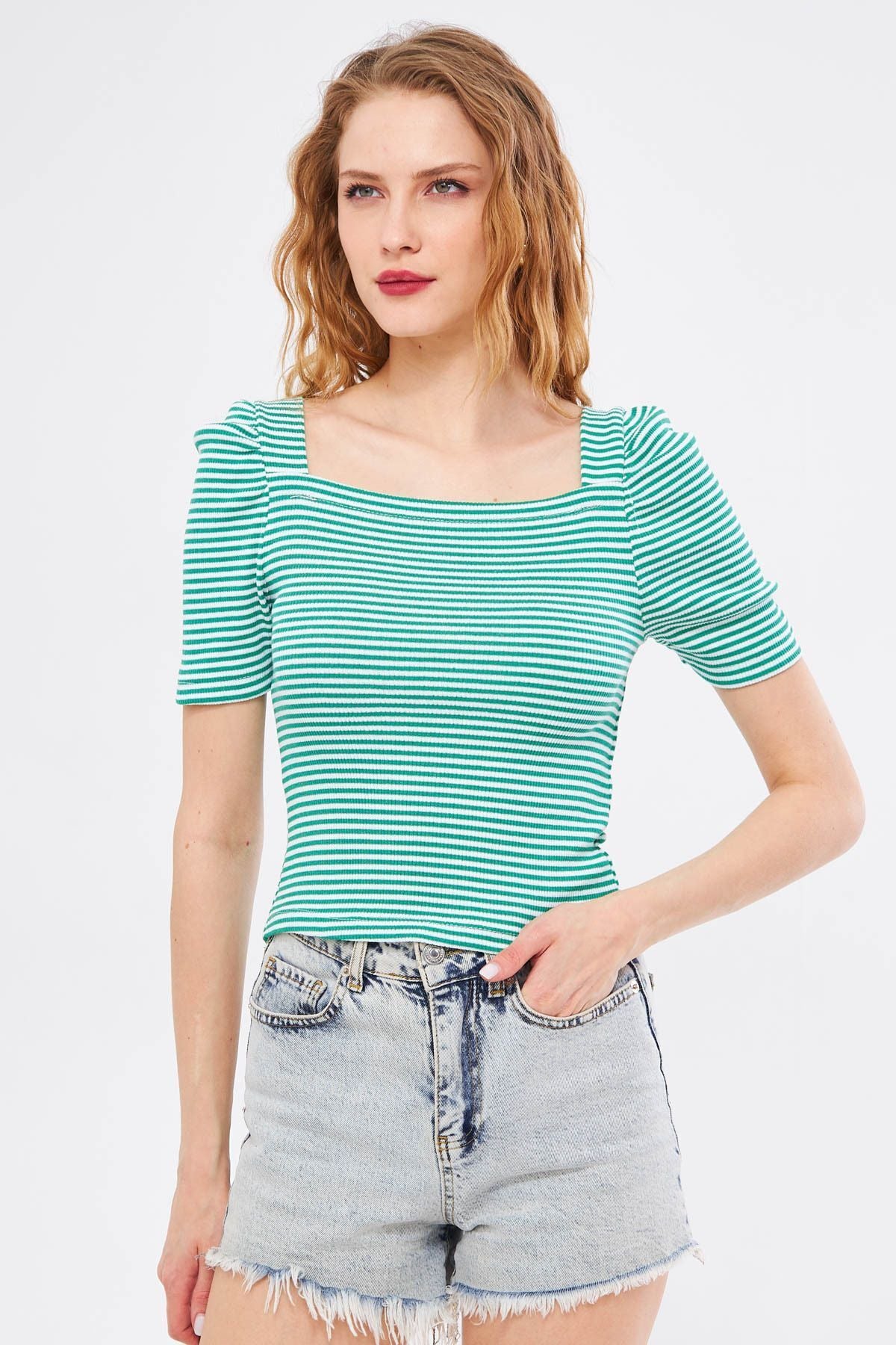 Female Green Front Rear Square Back Watermelon Arm striped blouse ARM-24Y133009