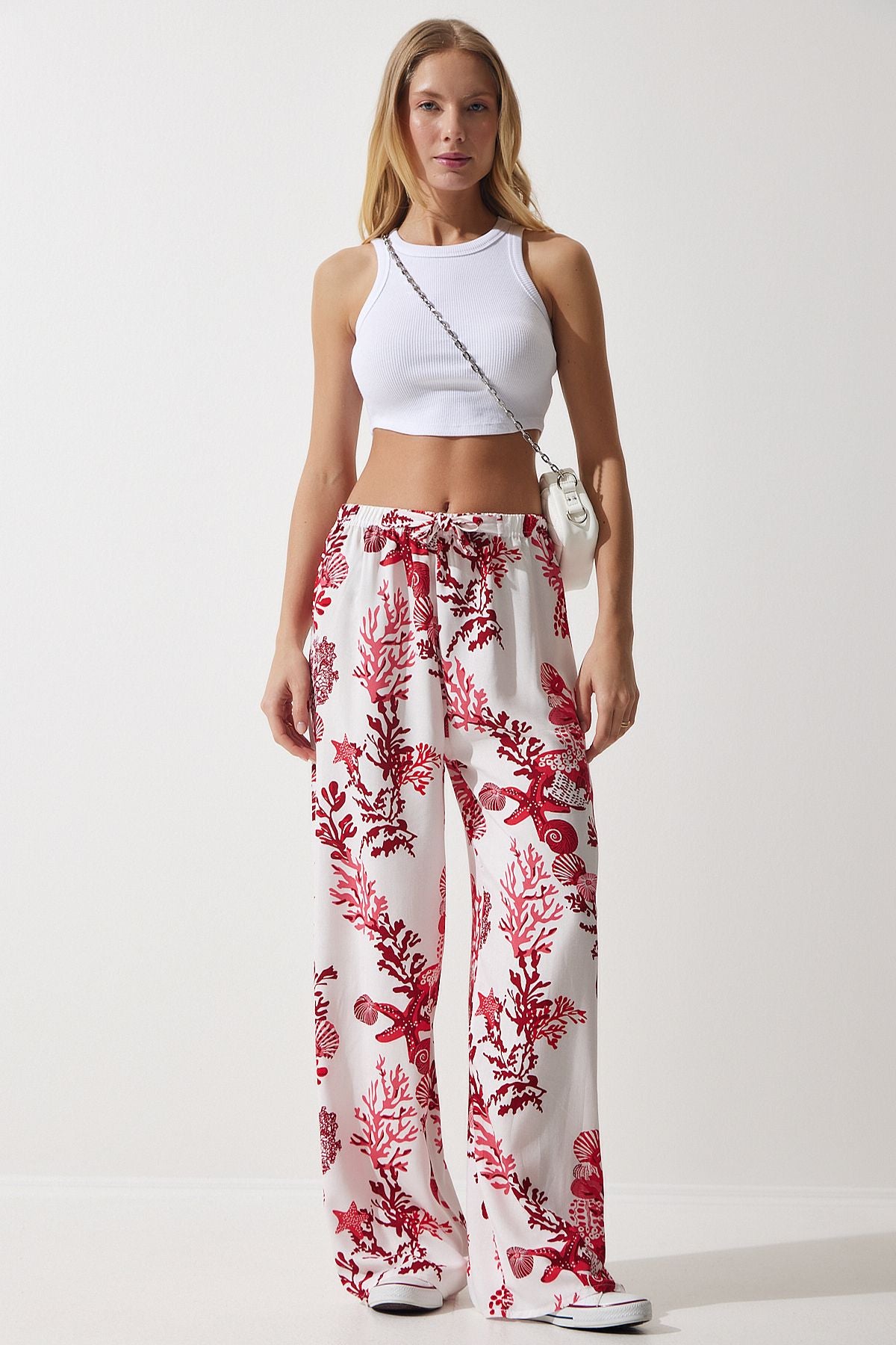 Woman White Pink Patterned Viscose Palazzo Pants EN00606