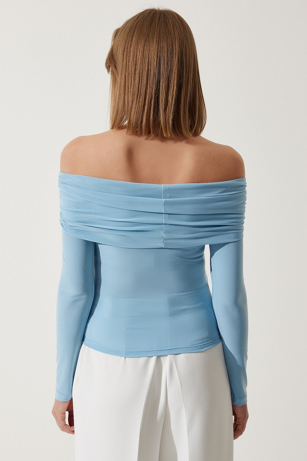 Woman Sky Blue Shoulders Open Shirring Detailed Blouse FF00161