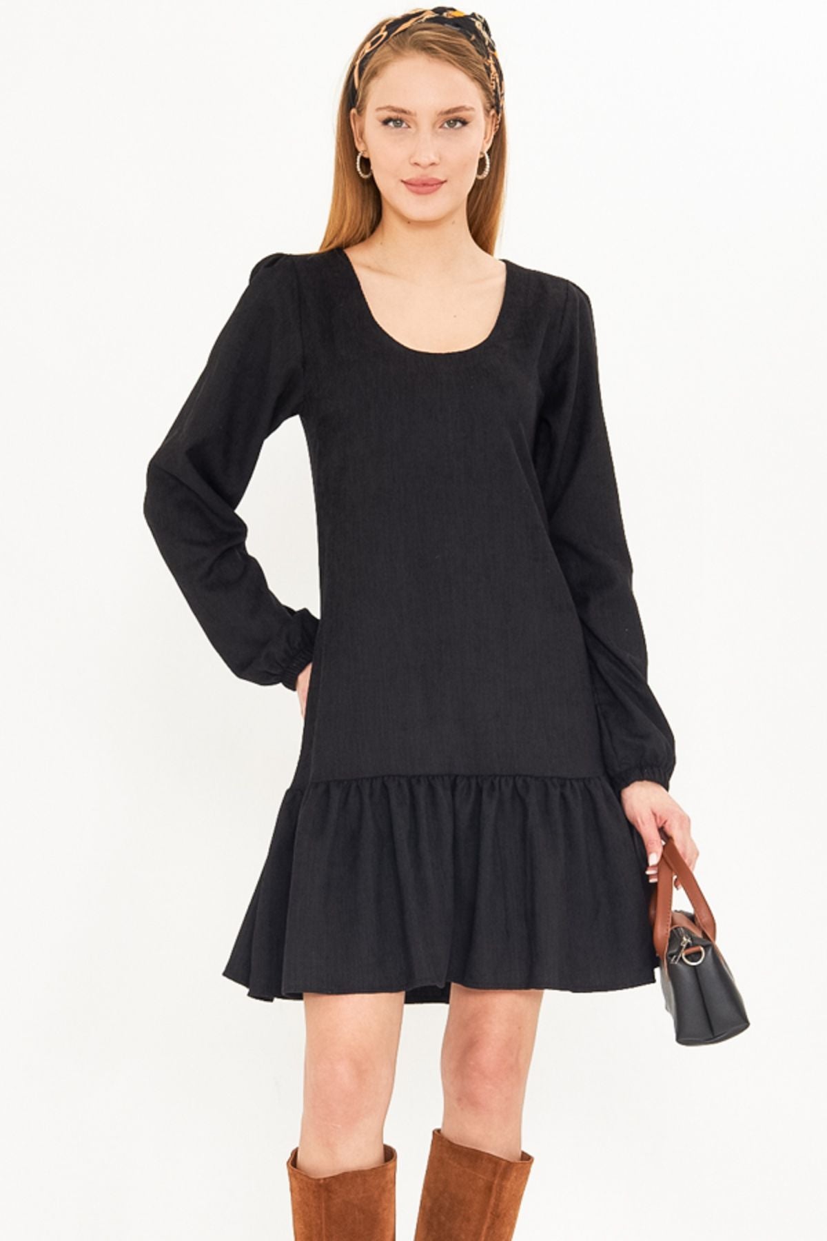 Female Black U-Neck Skirt Frobe Sleeves with Rubber Velvet Short Dress ARM-25K001086