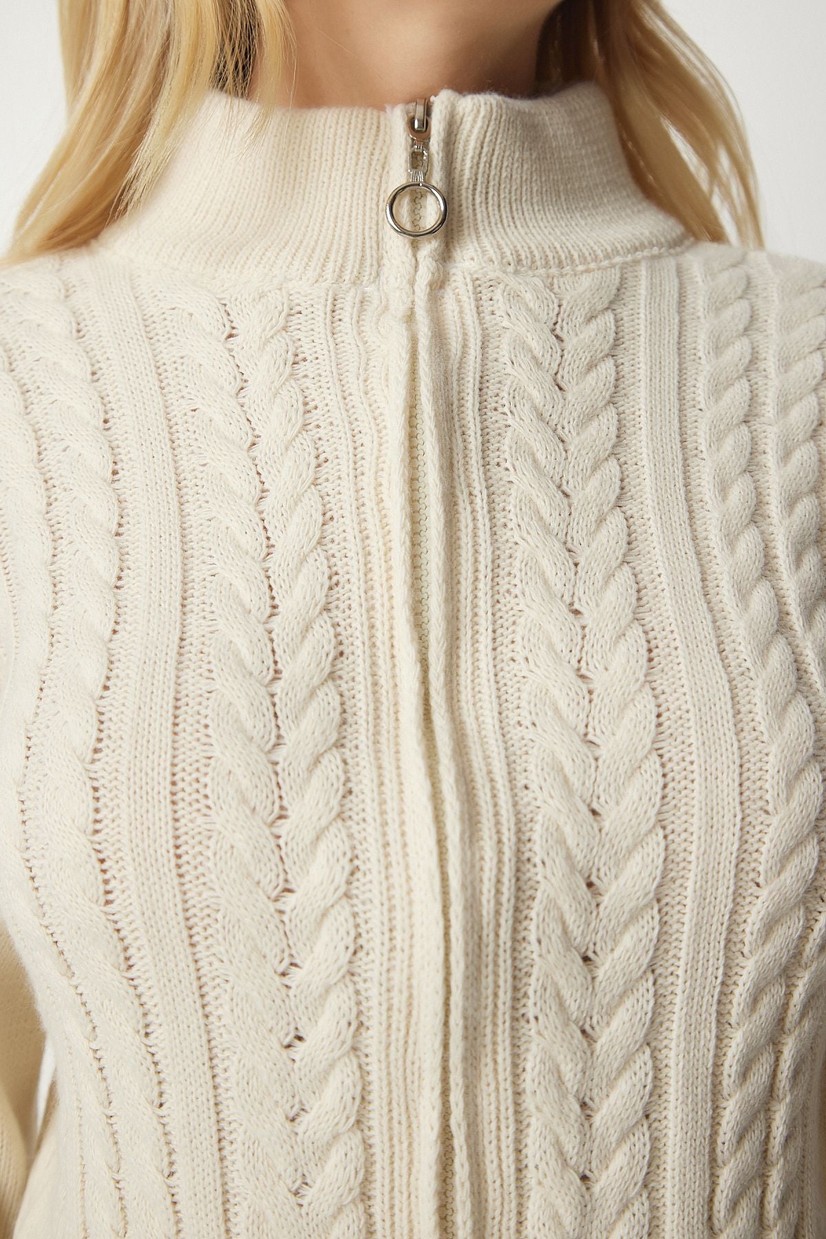 Women's Cream Zipper Knitting Motif knitwear cardigan yy00174