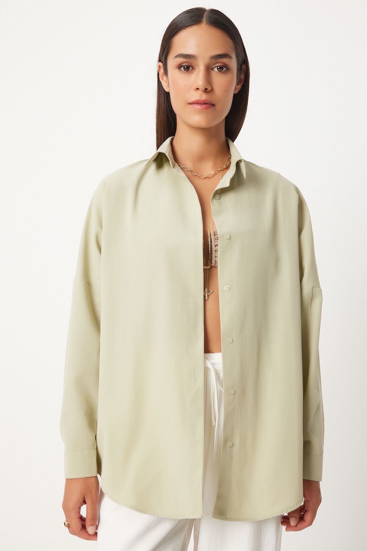 Woman Open Khaki Oversize Long Basic Shirt DD00842