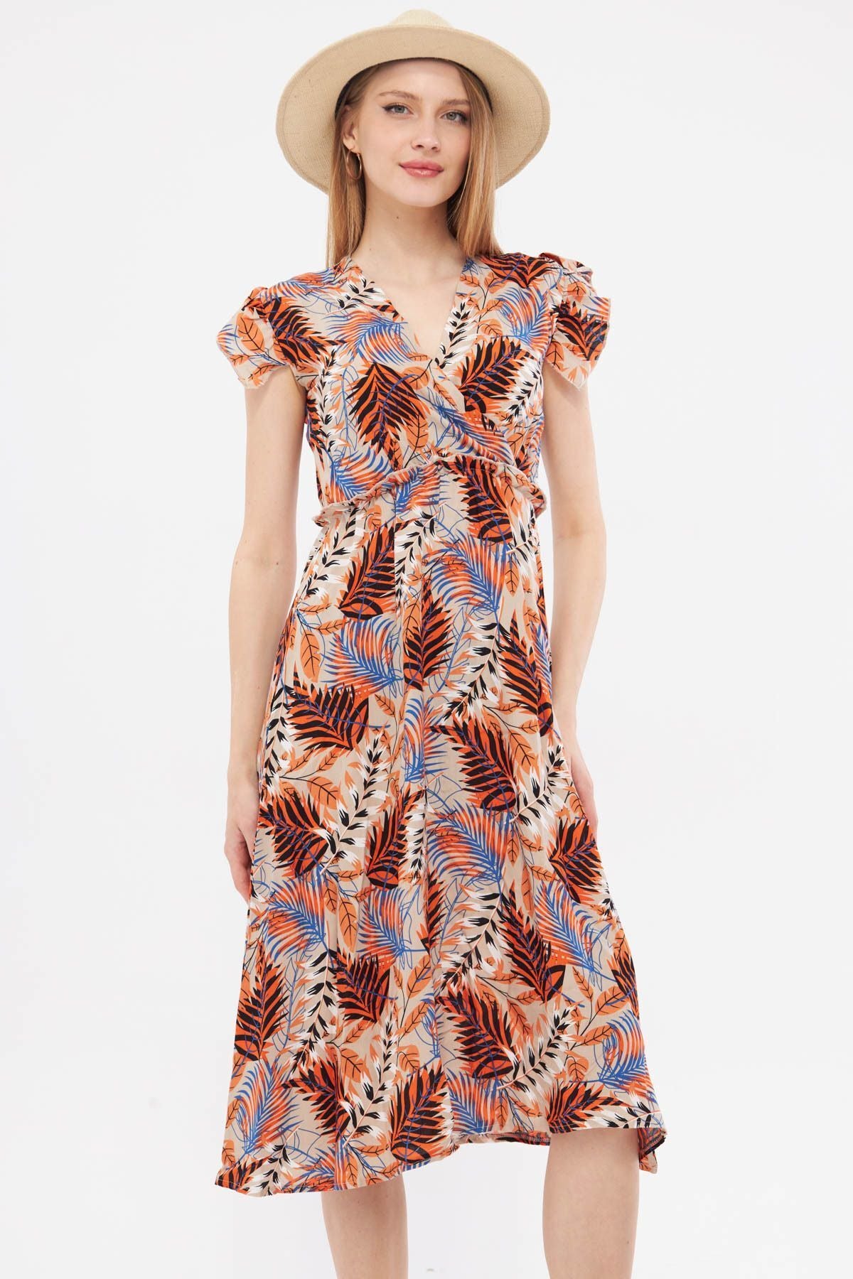 Female Orange Cruve Collar Shoulder Shoulder Suffering Detail Waist Midi Boy Dress ARM-24Y001020