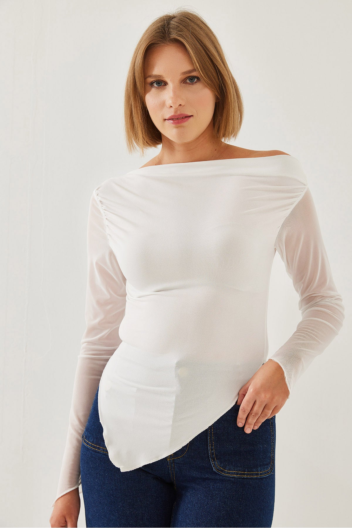 Women's Tulle Detail Asymmetrical Cut Blouse 60351210