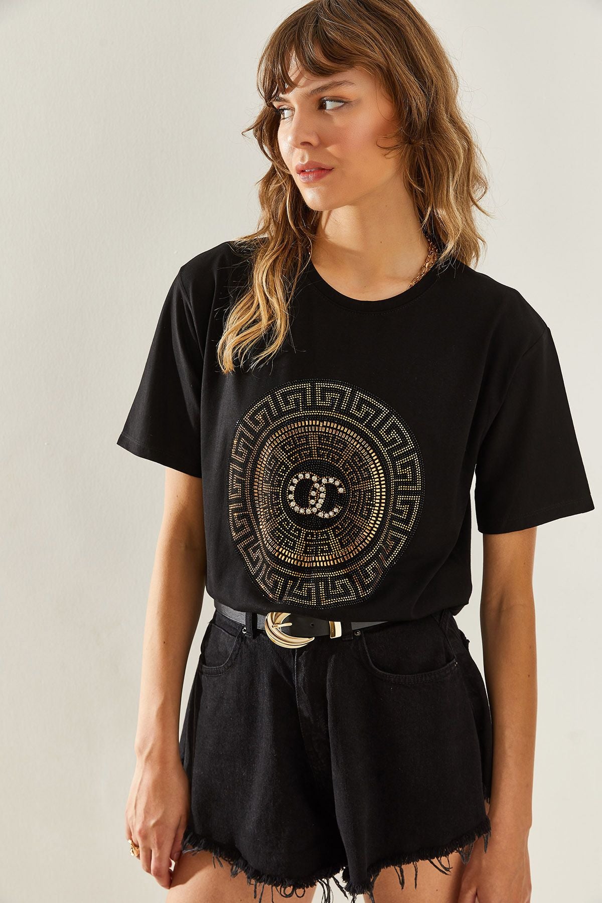 Female Bicycle Collar Stone Detail Basic Combed T-Shirt 60251238