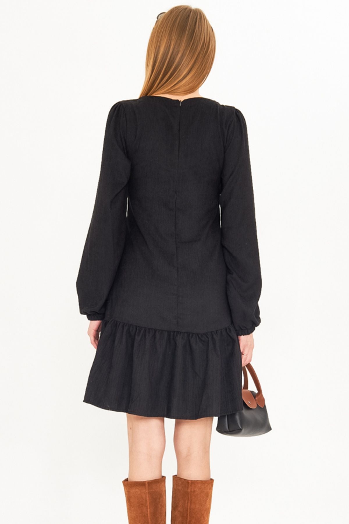 Female Black U-Neck Skirt Frobe Sleeves with Rubber Velvet Short Dress ARM-25K001086