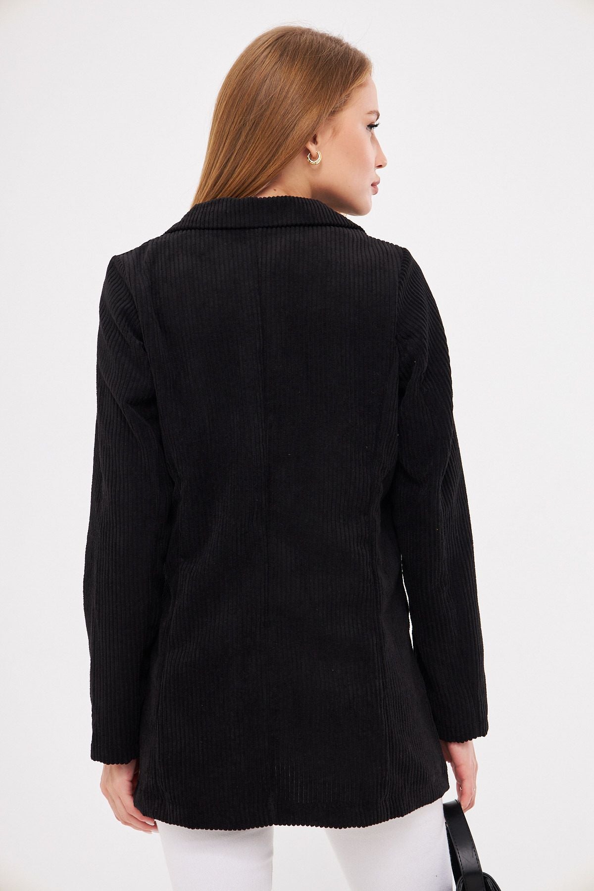 Female black single button velvet jacket ARM-24K001043