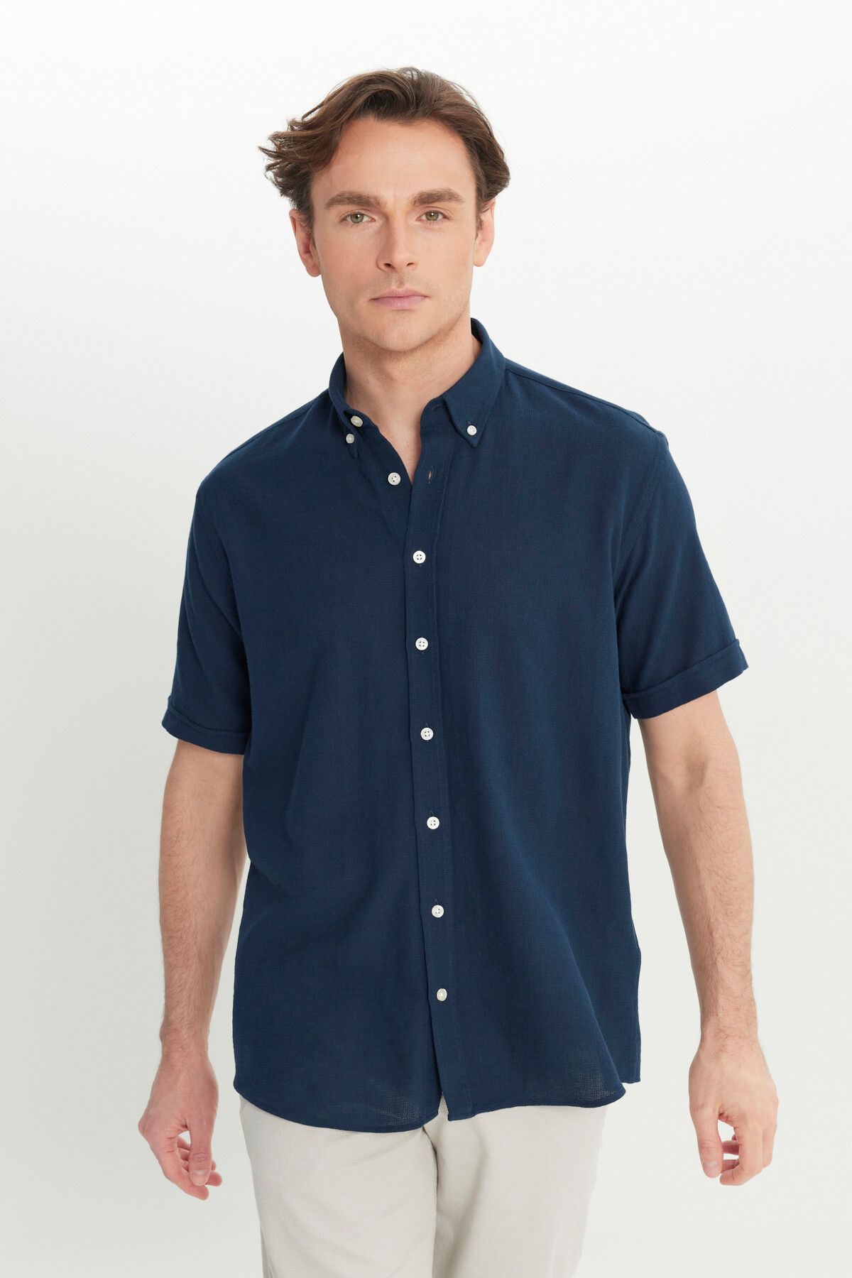 Men's Navy Blue 100 %Cotton Comfort Fit Fit Fit cut buttoned shirt collar Amesty shirt