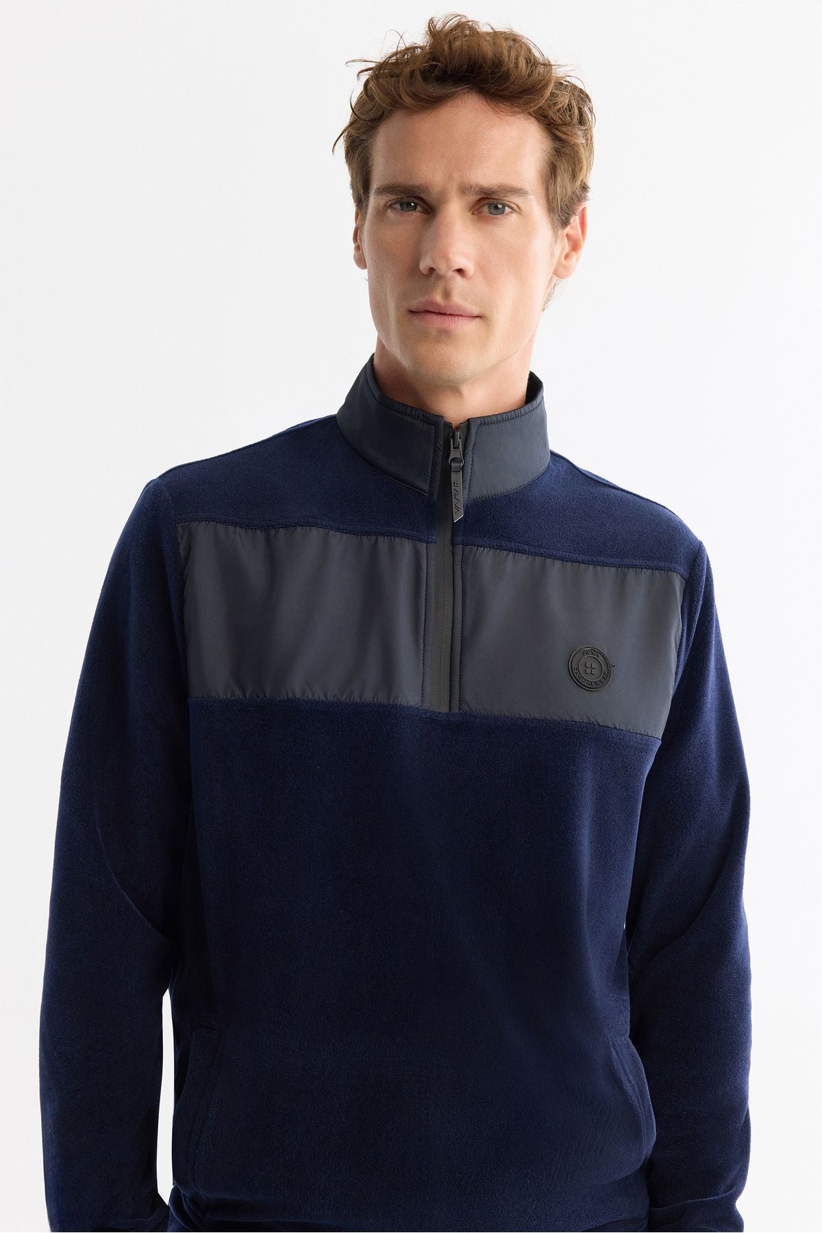 Men's navy blue zipper upright collar polar sweatshirt A42y1380