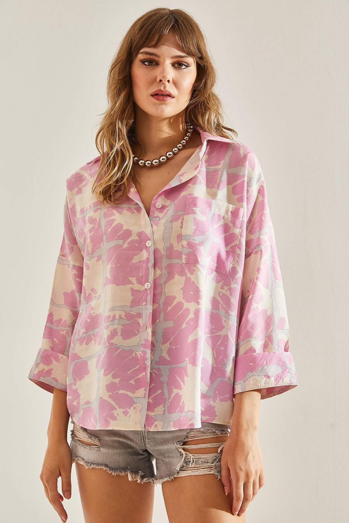 Female Single Cep Patterned Viscose Oversize Shirt 60251142