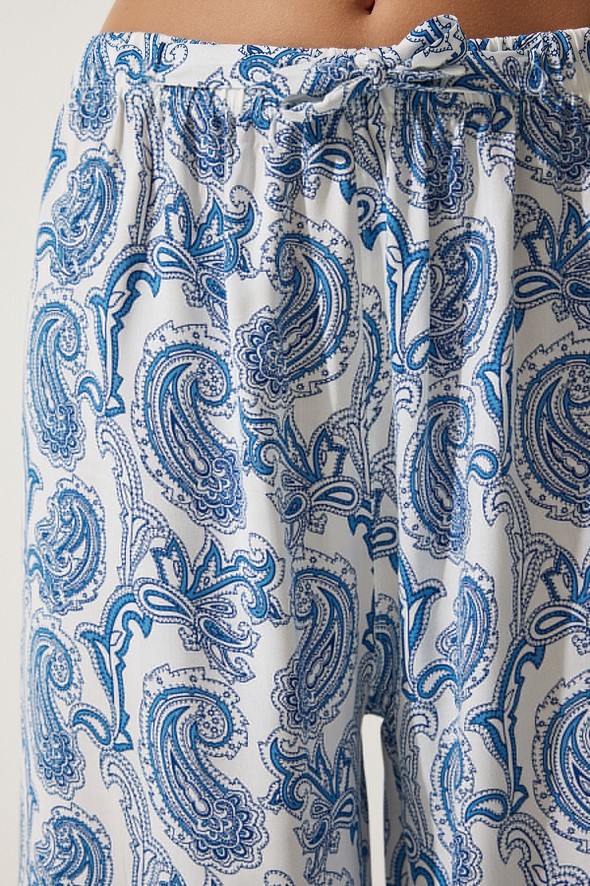 Woman White Light Blue Patterned Raw Linen Palazzo Pants BH00397