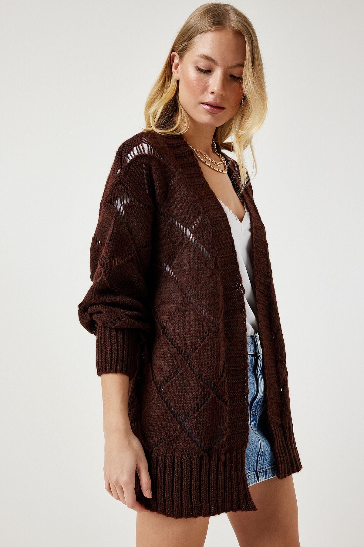 Women's Brown Baklava Patterned Offer Triko Cardigan MC00212