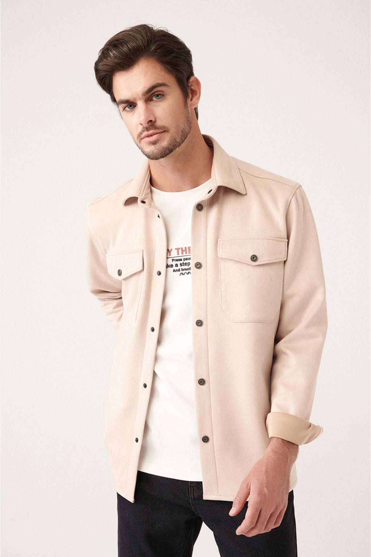 Men's Beige Classic Neck Suez Tissue Shirt with Skıçıt A31y2013