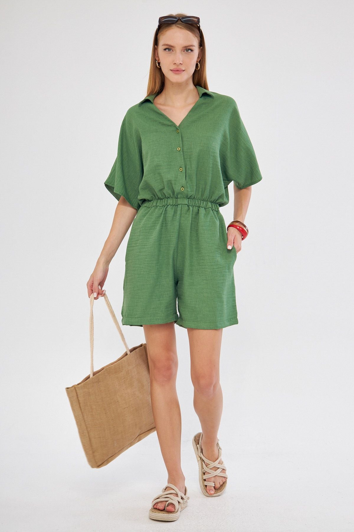 Female Green Shirt Cep Short Jumpsuit Arm-24Y001113