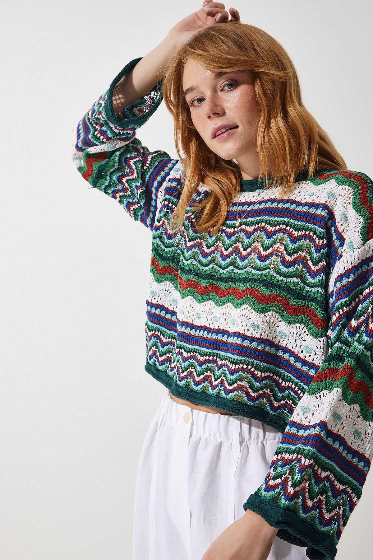 Women's Cream Green Patterned seasonal knitwear sweater MC00253