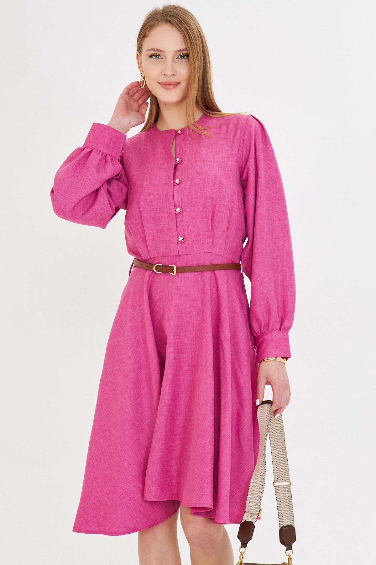 Fuchsia Zero collar front buttoned arms with headlines with arched arched dress ARM-25Y001006