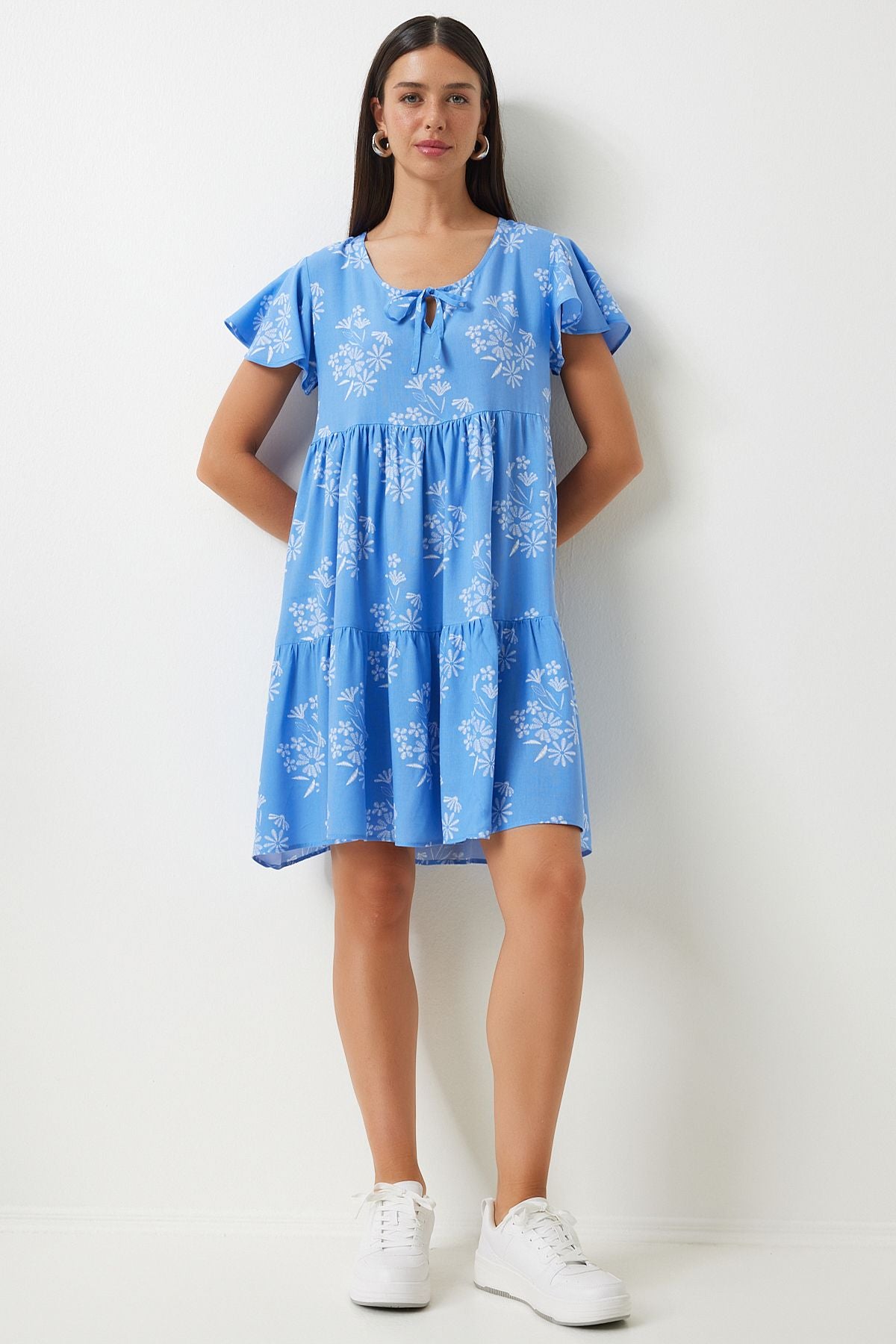 Woman Blue White Flower Summer Viscose Dress DD01330