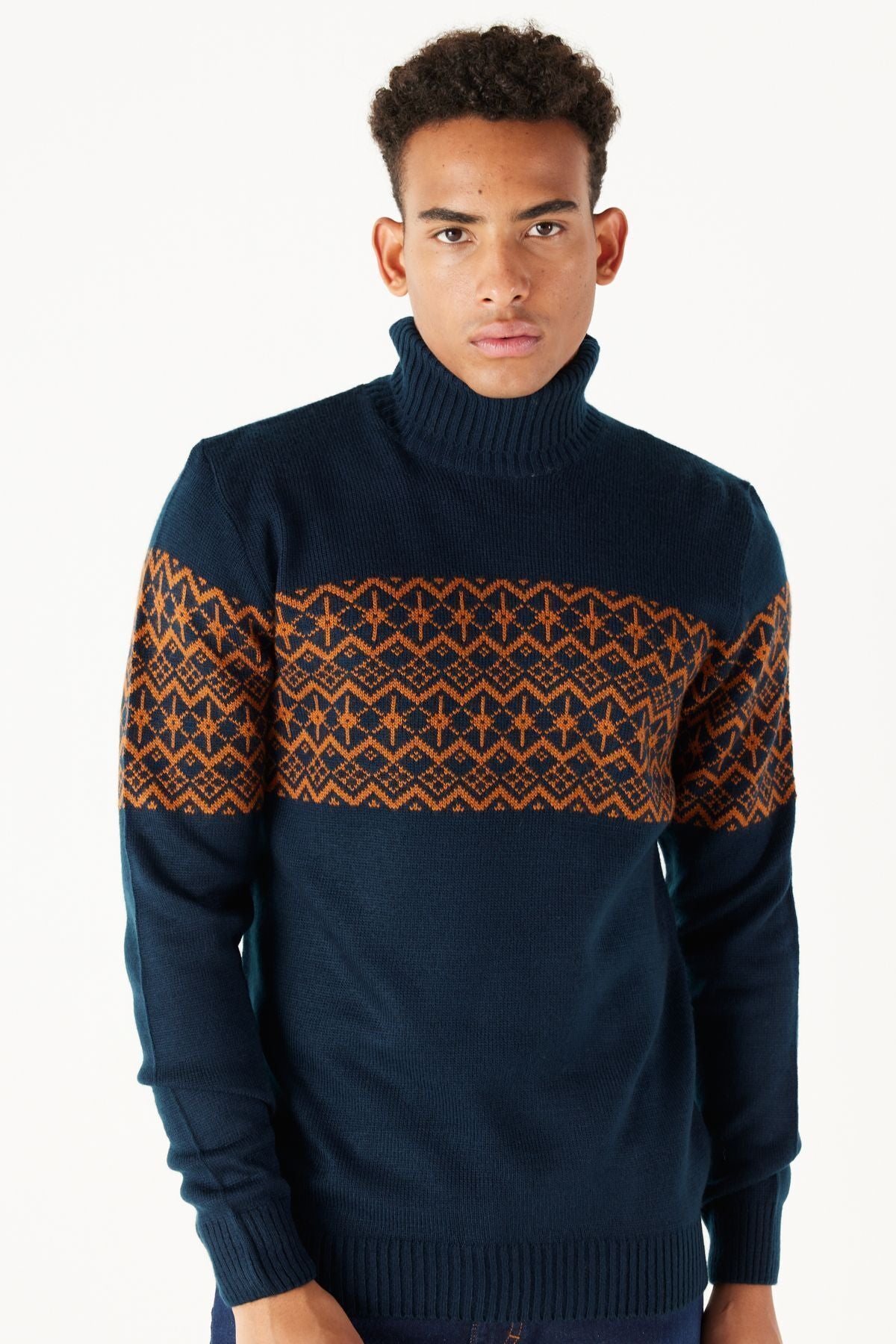 Men's Navy Blue-Cycle Standard Fit Normal Cut Fisherman Yaka Zigzag Patterned Knitwear Kazakh