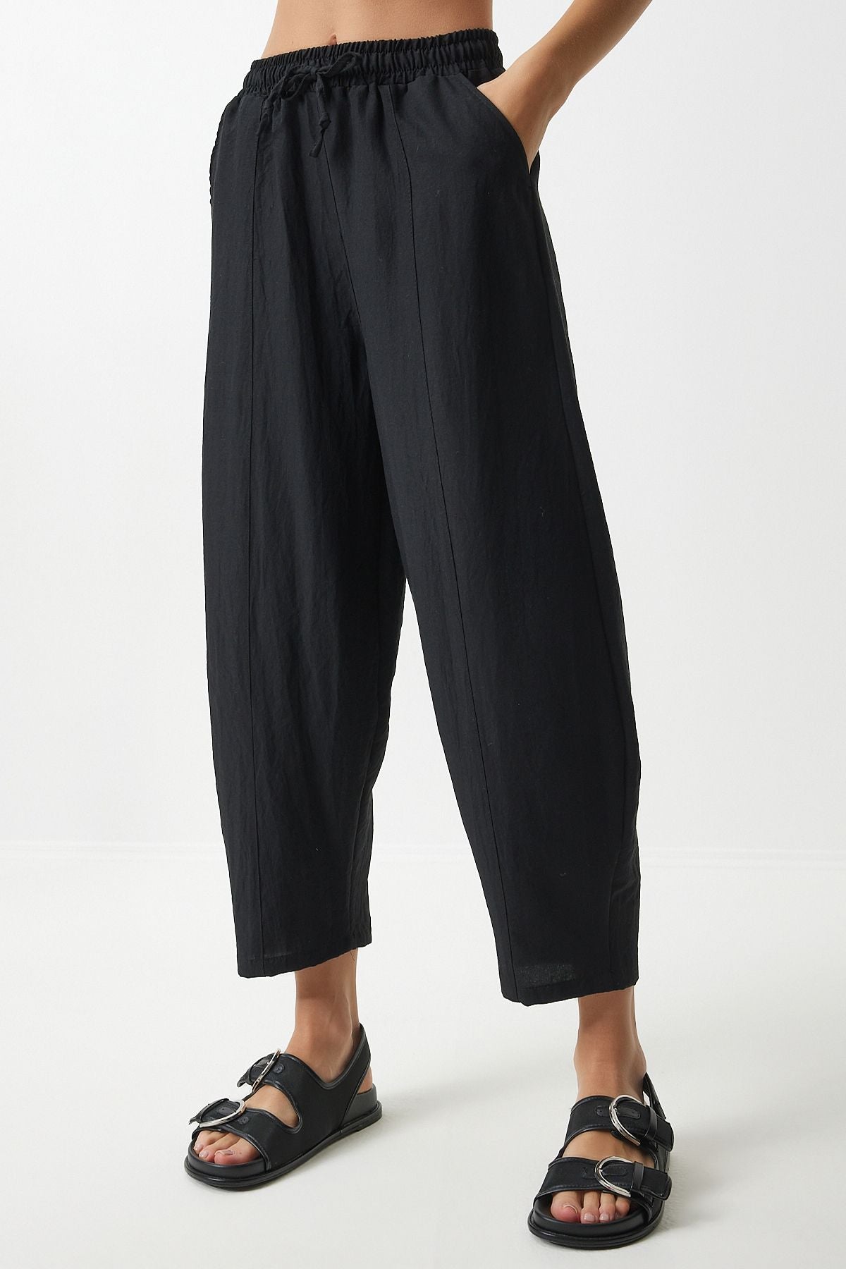 Female Black Pocket Linen Viscose Shalwar Pants CV00001
