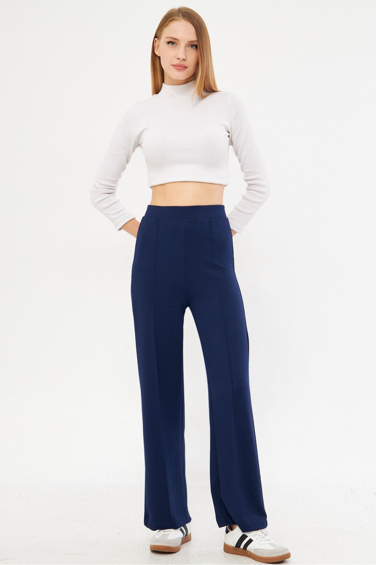 Woman Navy blue waist tire front stitched pants Arm-25k024003