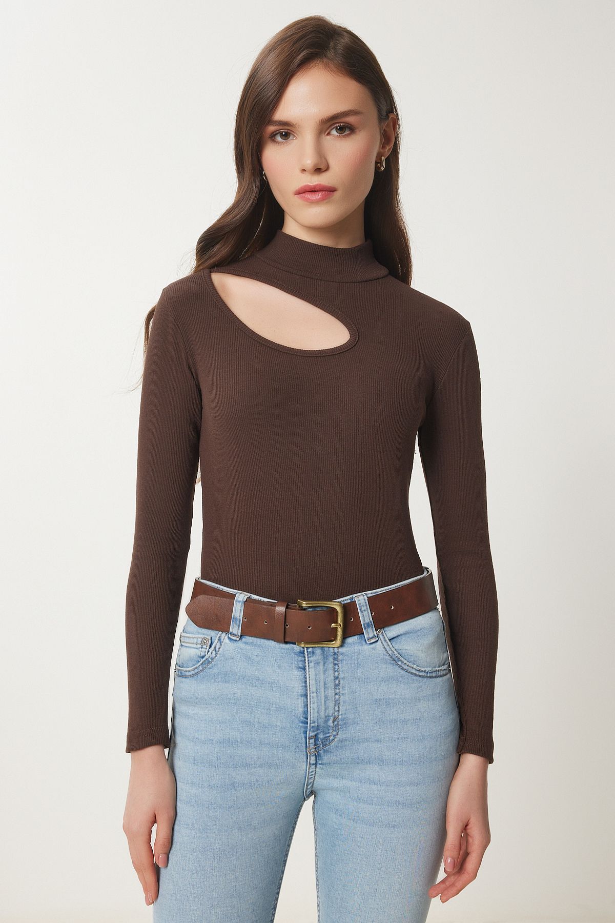 Female Brown Cut Out Detailed Wick Knitting Blouse GT00065