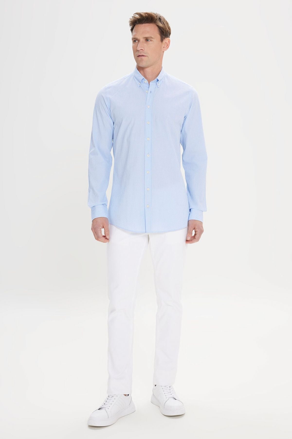 Men's White-Blue Comfort Fit Casual Cutting Buttoned Neck Cotton Cotton Shirt