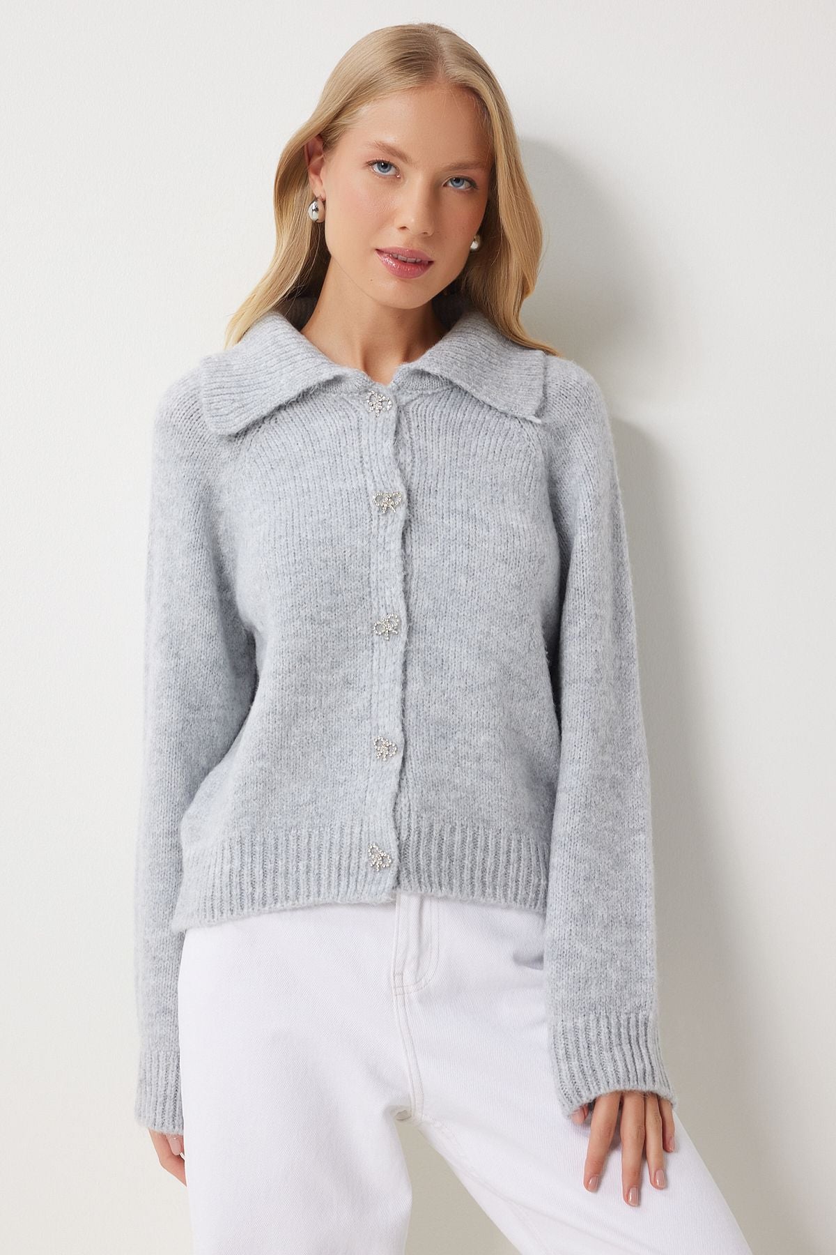 Women's Gray Stylish Bow Stone Button Polo Yaka Cardigan PF00094
