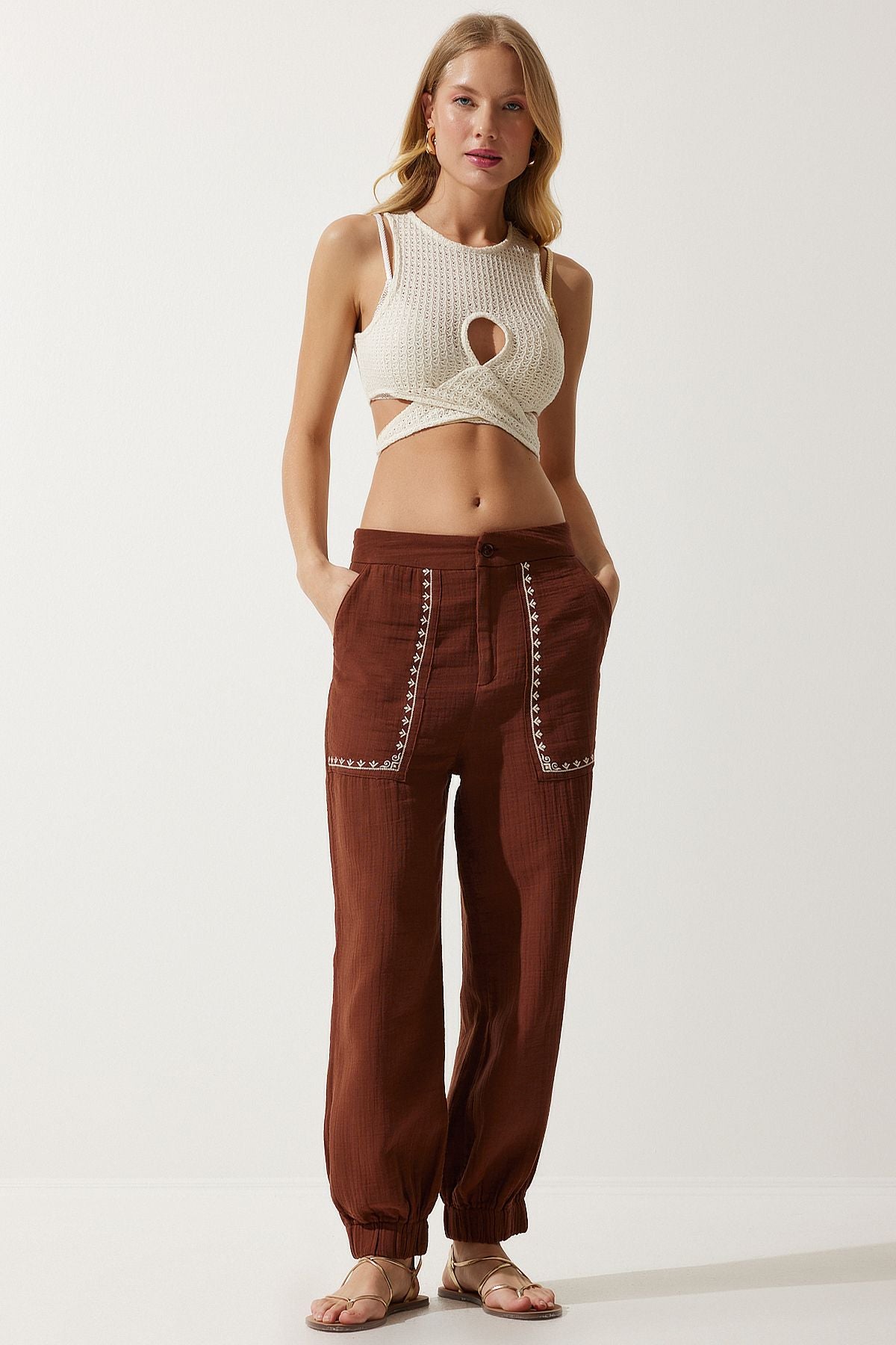 Female Brown Embroidery Detailed Müslin Pants SF00019