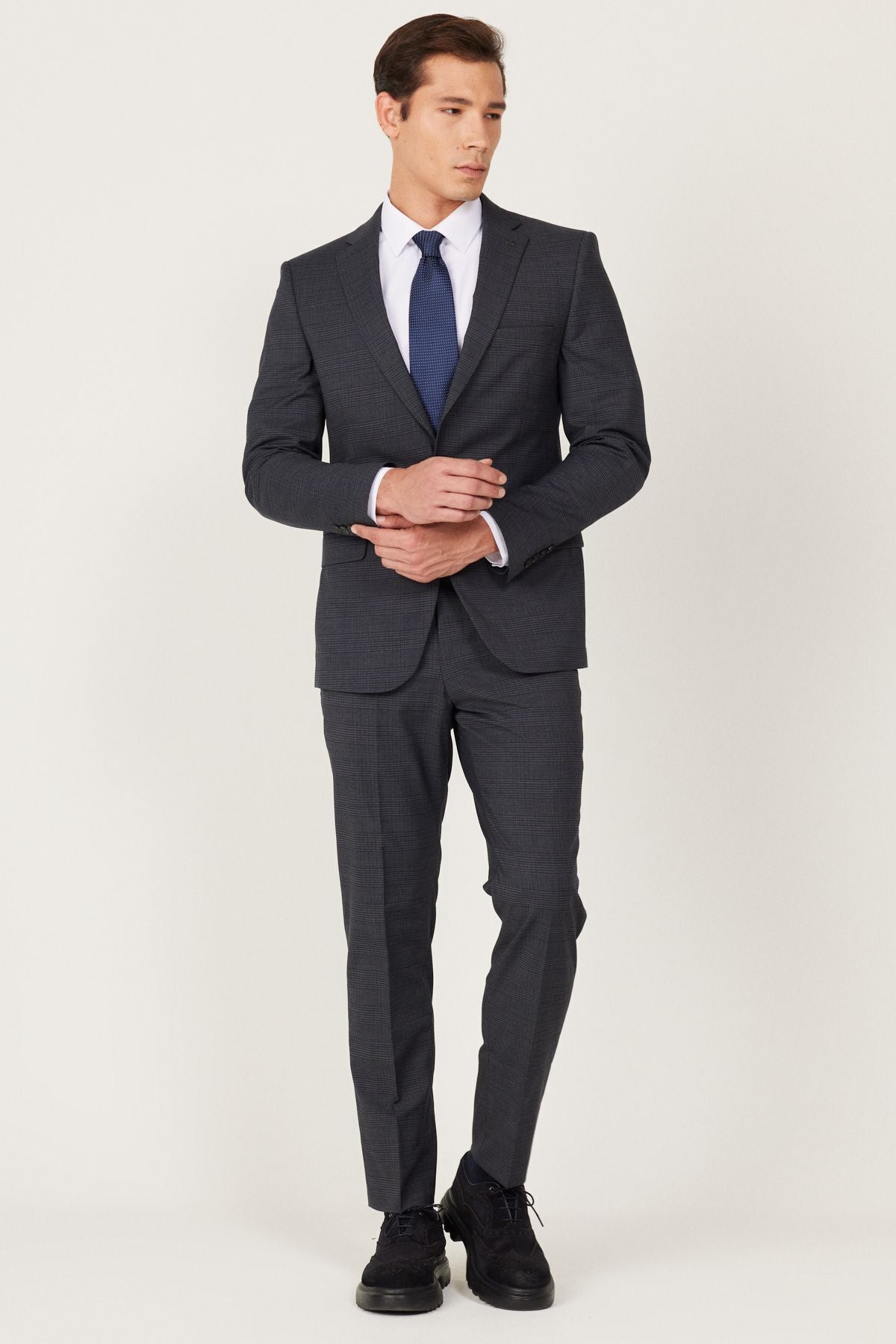 Men's anthracite-Lacivert Wool Extra Slim Fit Narrow Cut Mono Yaka Patterned Suit