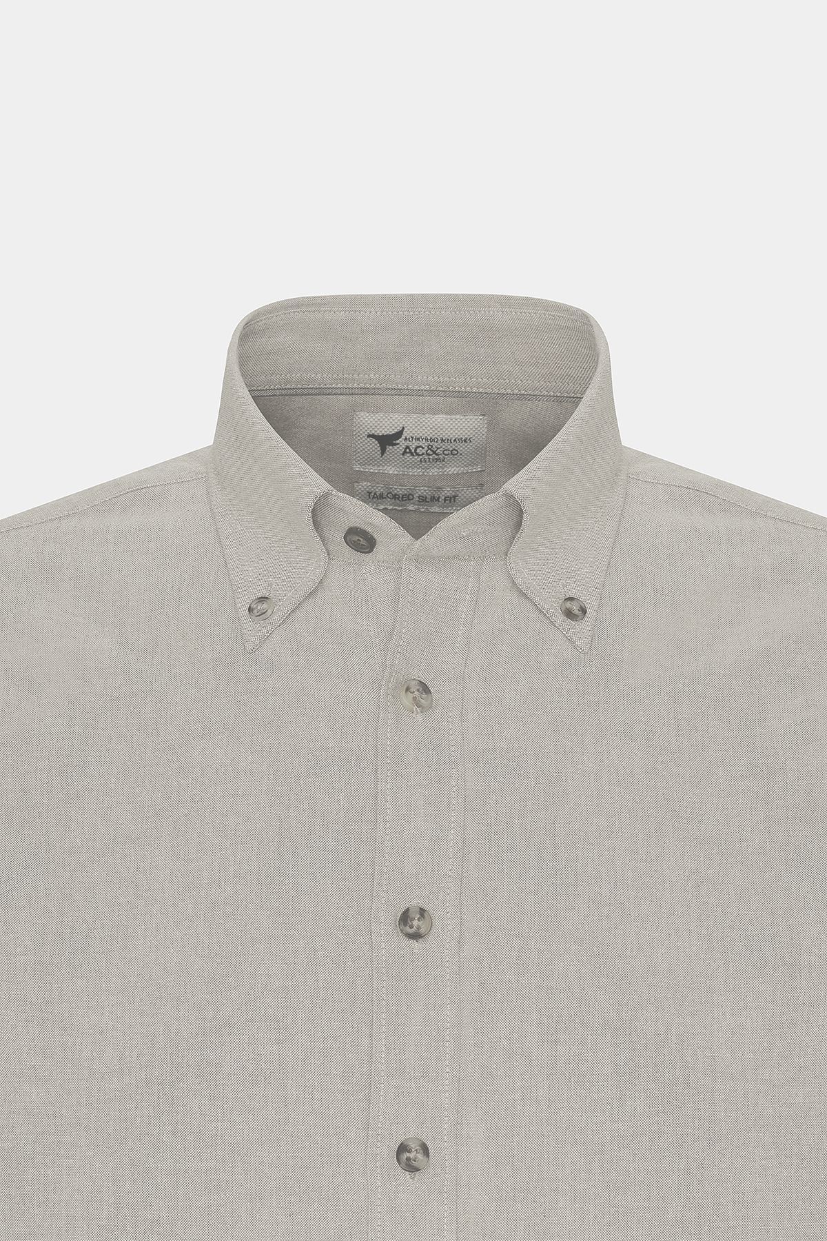 Men's Beige Slim Fit Narrow Cutting Button with Cotton Cotton Oxford Shirt