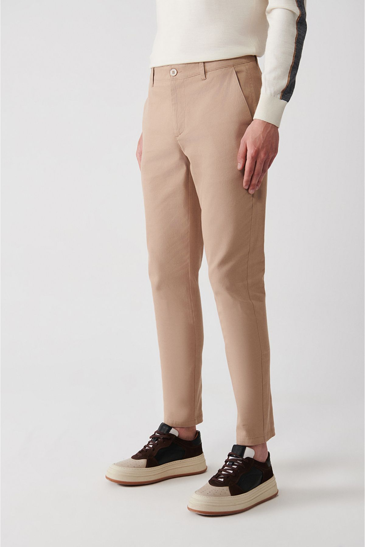 Men's Beige Side Cepy Slim Fit Pepy Site Flexible Chino Canvas Pants E003008