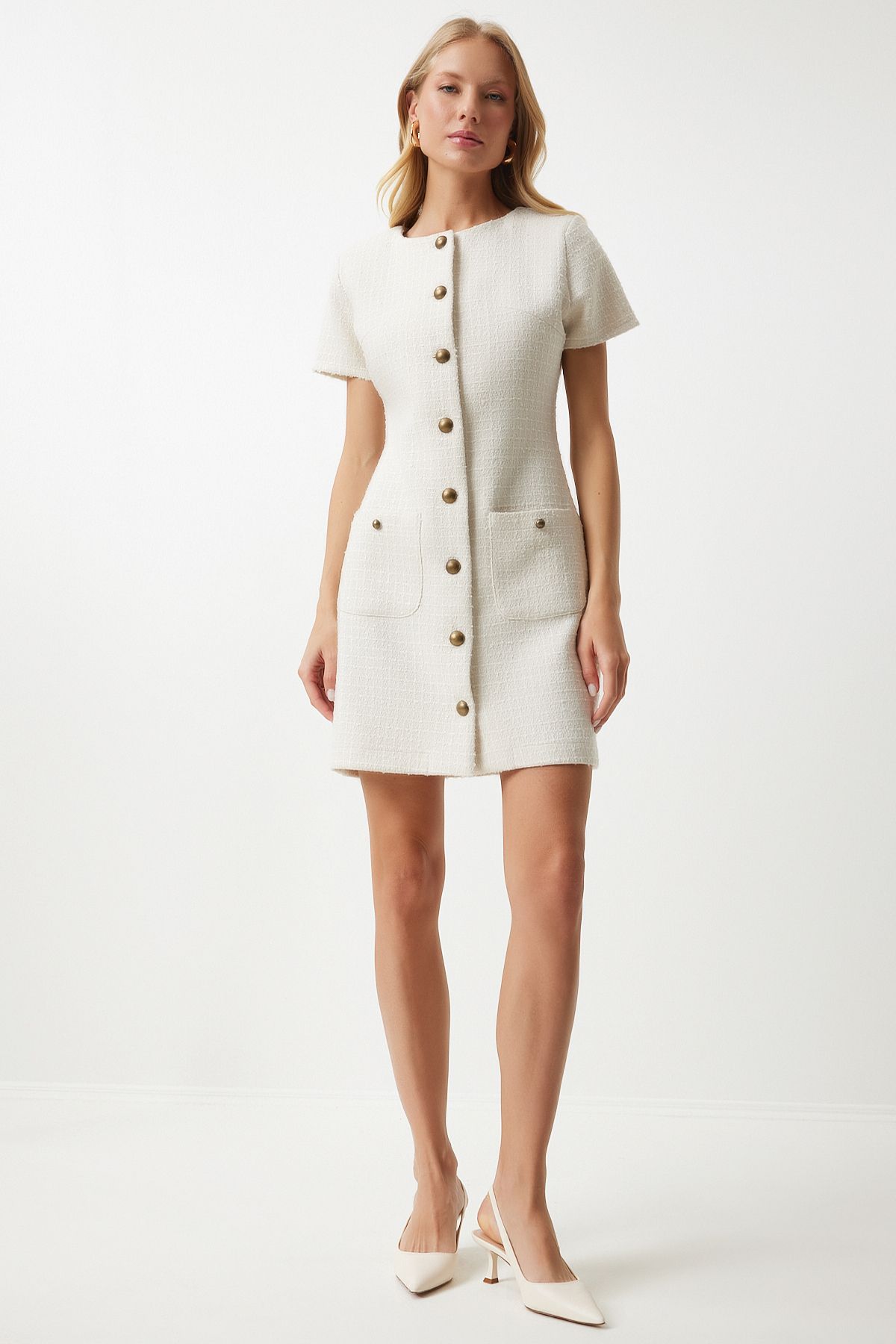 Female bone pocket buttoned mini tüvit dress kj00009