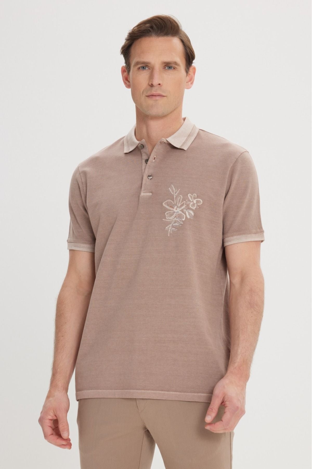 Men's Dark Beige Slim Fit Narrow Cutting 100 %Cotton Printed Polo Yaka T -shirt