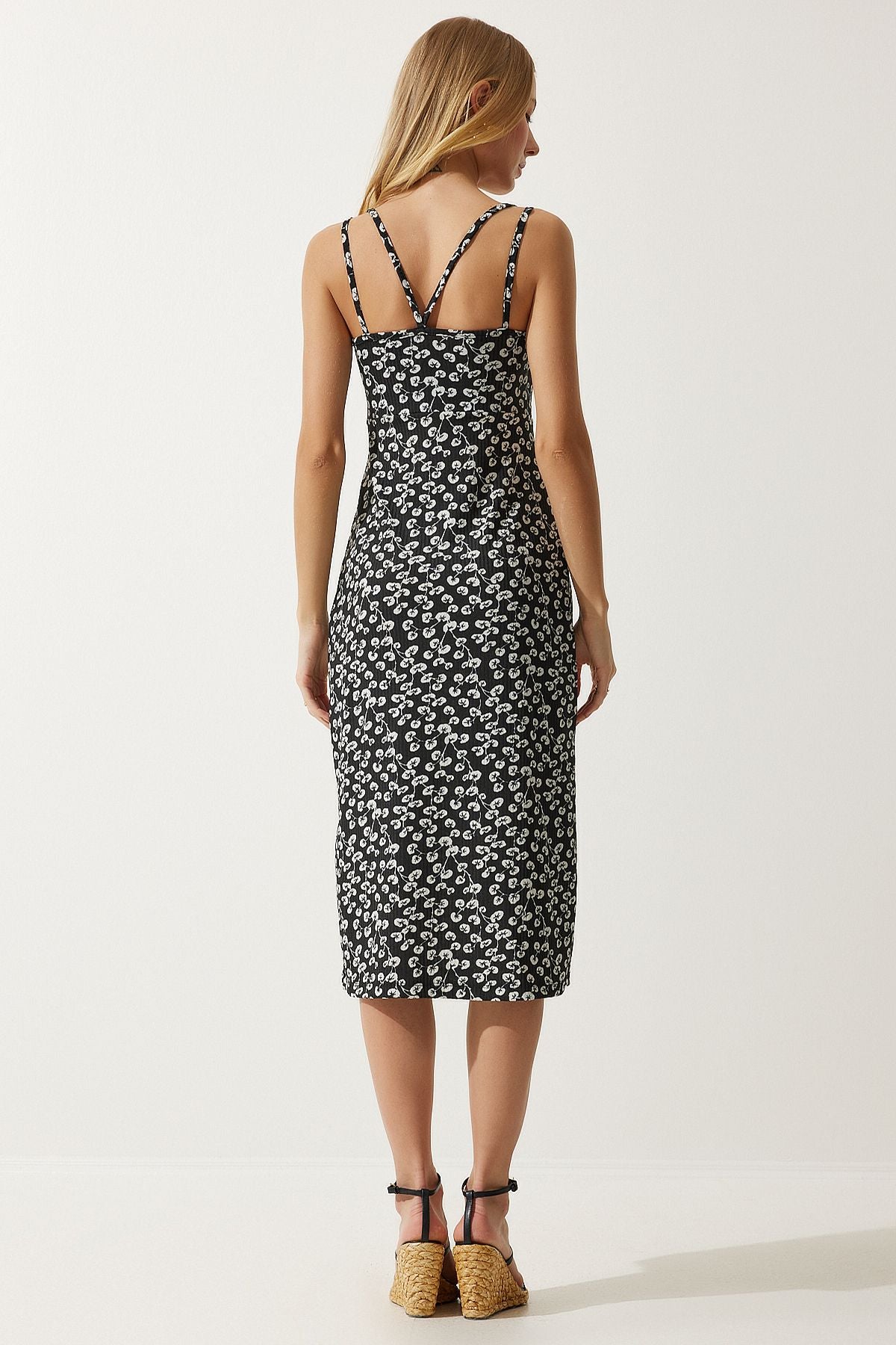 Woman Black White Double Hanger Patterned Knitting Dress MC00262