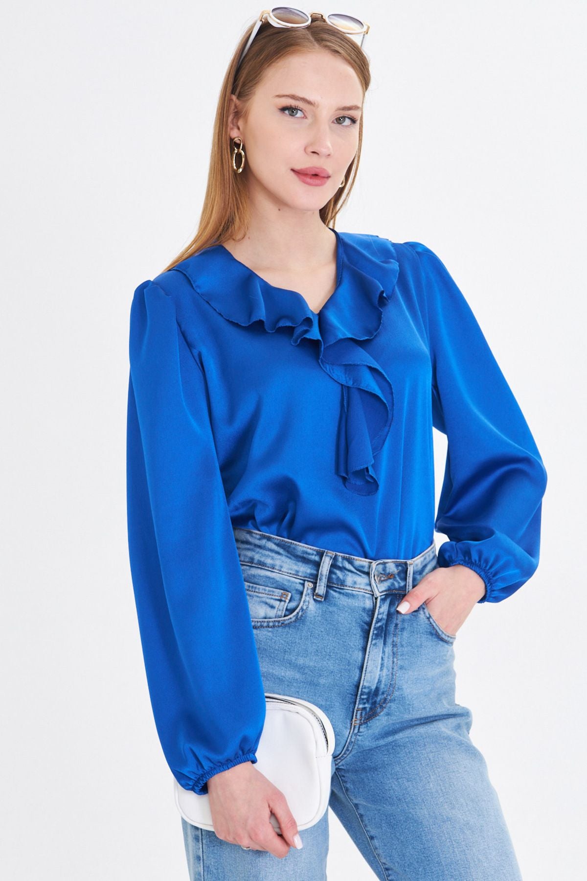 WOMEN'S SPRING YAKLIZLI WRITTEN SHOOTED HANDLED HAND RAST COTTON SATIN BLOSE ARM-22K001059