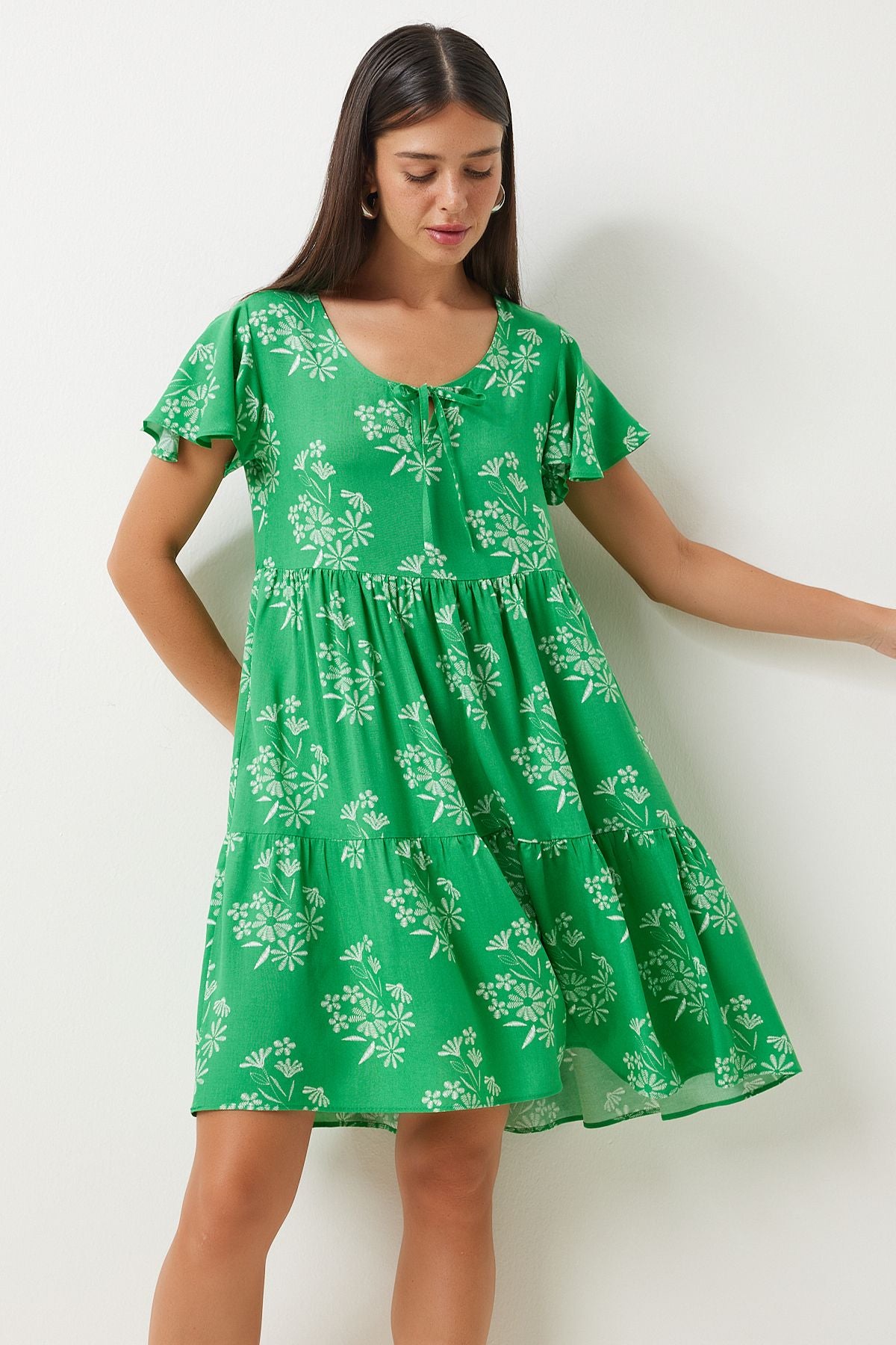 Woman Green White Flower Summer Viscose Dress DD01330